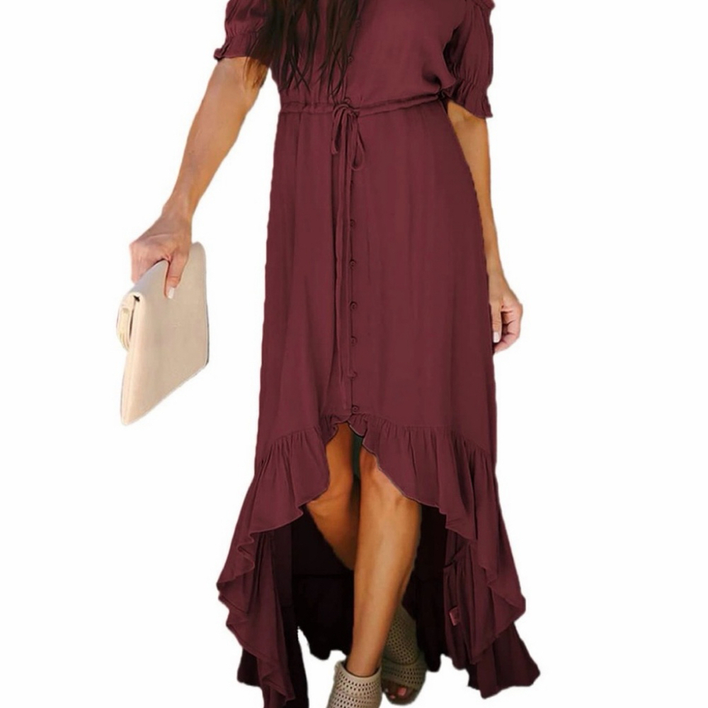 Boho Western Festival Burgundy High Low Dress With Ruffle Detail.